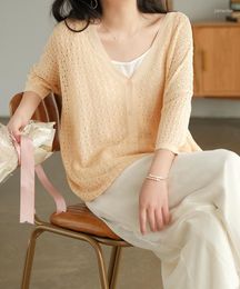 Women's Blouses Summer Hollow Out Knitted Cardigans Loose Outwear Ladies Shirt Sun Protection Clothing Cotton Linen Tops Solid 2023