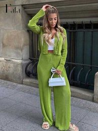 Women's Two Piece Pants 2022 Women Elegant Pleated Two Piece Set Long Sleeve Shirt Crop Tops And Wide Leg Pants Suit Summer Female Casual Loose Outfits L230314