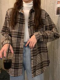 Women's Blouses Velvet Thick Warm Plaid Shirt Autumn Winter Korean Fashion Long Sleeve Single Breasted Casual Loose Coats Female