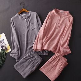 Women's Sleepwear Japanese spring and autumn ladies pure cotton long-sleeved trousers pure Colour simple Pyjamas home service suit women sleepwear 230314