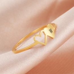 Trendy Double Hearts Initial Letter Rings for Women Stainless Steel Jewelry Gold Color Finger Rings Couple Friends Wedding Gift