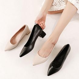 Dress Shoes 2023 Real Cowhide Noodle Women High Heels Pointed Toe Professional Office Thick Heel Square Soft Sole All-match Single1