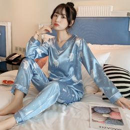 Women's Sleepwear Long Sleeve Silk Pajamas Sets For Women Autumn Satin Sleepwear Pyjamas Nightwear Set Young Girl Pijama Set femme V-neck homewear 230314