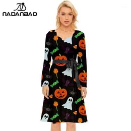 Casual Dresses NADANABO 2023 Halloween Carnival Costomes Lady Elegant Princess V-neck Dress Long-sleeved Pumpkin Printed Party Outfits