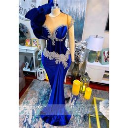 Royal Blue Sheer O Neck Evening Dress For Black Girls Sparkly Beaded Birthday Party Gowns Ruffles Formal Dresses Mermaid Robe De