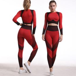 Active Sets Long Sleeve Trainer Seamless Crop Top Yoga Pants Fitness Suit Sports Red Gym Set Women High Elastic Clothes Waist