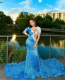 Charming Lake Blue Long Prom Dresses For Black Girls Beaded Appliques Birthday Party Dress Mermaid Evening Gown Robe De Soiree