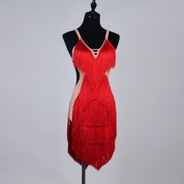 Stage Wear Sexy V-Neck Diamond Backless Red Lady Latin Dance Dress For Women Professional Skirt Samba Salsa DressesStage