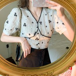 Women's Blouses Korean Floral Print Blouse Women Vintage Summer Short Sleeve Lace Patchwork Shirts Tops Blusas Mujer