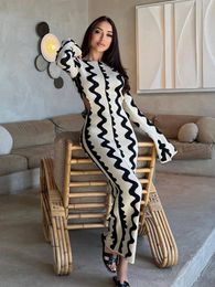 Casual Dresses Autumn Knitted Maxi Flare Long Sleeve Bodycon for Women Elegant Sexy Cut Out Wave Christmas Party Evening Outfits 230313