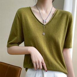 Women's T-Shirt Summer V-Neck Thin Sweater T-Shirt 100% Merino Wool Basic Women's Korean Fashion Pullover Cashmere Knitting Bottom Short Sleeve 230314