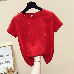 Women's T-Shirt summer Korean Hollow Out Sweet Heart T Shirt Women Short Sleeve Fashion Slim Tee Shirt Femme Ins Tops 230314