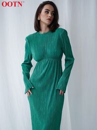 Casual Dresses OOTN Luxury Elegant Women Summer Pleated Party Lady Slim Long Sleeve Midi Evening Stretch Robe Femme 230313