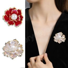 Simulated Pearl Flower Brooches Red Peony Brooches Scarf Pins Wedding Party Banquet Women Dress Jewellery Elegant Gift