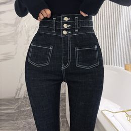 Women's Jeans Vintage Black Skinny Jeans Women Button Up Spring High Waisted Chic Elastic Denim Pencil Pants Ladies Summer Sexy Bottoms 230314