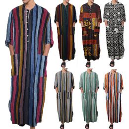 Ethnic Clothing 2023 Kaftan Mens Muslim Linen Stripe Abaya Islam Dresses Half Sleeve Djellaba Autumn Man Arabic Dress PW208