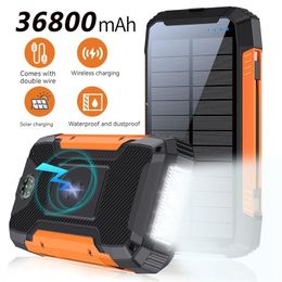 36800mAh Wireless solar power bank Quick charger outdoor Powerbank External Battery Charge Smartphone led light Built in Cables