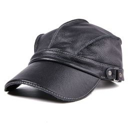 Ball Caps Fashion Unisex High Quality Real Leather Military Caps Sailor Hats Women Men Black Brown Flat Top Captain Cap Travel Cadet Hat 230314