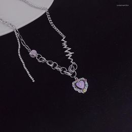 Pendant Necklaces Trend Y2K Purple Crystal Zircon Heart Stainless Steel Chain Necklace For Women Egirl Goth Aesthetic Jewellery Accessories