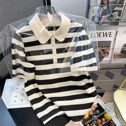 Women's T-Shirt French Women Tshirts Black White Striped Turn-Down Collar Top Panelled Summer Short Sleeve Knit Classic Fashion Short Top 230314