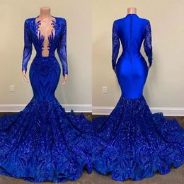 Royal Blue Mermaid Prom Dresses Sparkly Lace Sequins Long Sleeves Black Girls African Celebrity Evening Gown BC11820