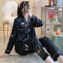 Women's Sleepwear Autumn Winter Graphics Women's Silk Pajamas Set Large Size 5xl 6xl 7xl 8xl Long Sleeve Blouse and Pants Black Pyjama Satin Femme 230314