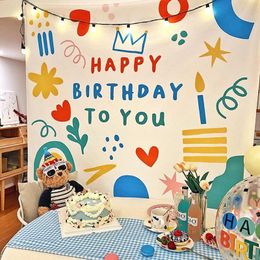 Tapestries Happy Birthday Background Tapestry Cloth Kawaii Children's Room Wall Decoration Girls' Dormitory Cartoons Home Party Decor 230314