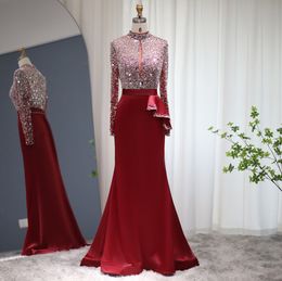 Elegant Burgundy Mermaid Long Sleeve Evening Dress for Women Luxury Dubai Muslim Beads Crystal Prom Formal Party Gowns Robe de soiree 2023