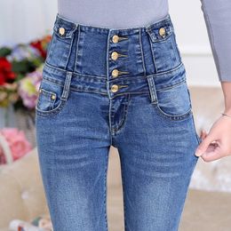 Jeans da donna Jeans a vita alta con bottoni da donna jeans elasticizzati primavera ed estate da donna pantaloni attillati in denim con addome casual 230314