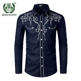 Men s Casual Shirts Western Cowboy Embroidery Men Long Sleeve Slim Fit Shirt Male Wedding Party Social Club Prom Chemise Homme 230313