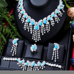 Necklace Earrings Set GODKI 4PCS Blue Turquoise For Women Wedding Party Zircon Crystal Dubai Bridal Jewellery Gift
