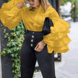 Women's Blouses Shirts Ruffle Sleeve Shirt Button Up Women Yellow Solid Spring Long Top Female Loose Office Work Wear Ladies Casual 230314