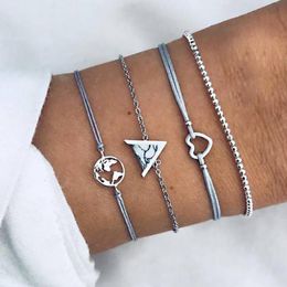 Link Bracelets Piece Set Bracelet Alloy Braided Hand Rope Hollow Globe Small Peach Heart Silver Color Girl Jewelry Chain