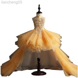 Girl's Dresses Glizt Long Trailing Gold Lace First Communion Dress Beads Tulle Ball Gown Girls Pageant Gown Flower Girl Dress For Weddings W0314