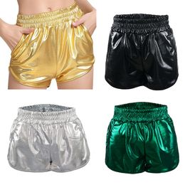 Women's Shorts Sexy women shine gold silver imitation leather shorts Metallic Elastic Waist Fashion Nightclub Dancing Wear Pockets Short 230314