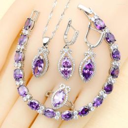 Necklace Earrings Set Dubai Silver Color For Women Wedding Purple Amethyst Pendant Open Ring Bracelet Halloween Gift