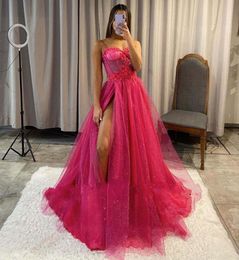 Hot Pink Tulle A Line Prom Dress 3D Flower Appliques Sweetheart High Split Homecoming Gowns Princess Graduation Party Gowns Robe De Soiree