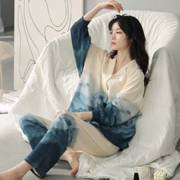 Women's Sleepwear Autumn Style Pyjamas Women's Home Wear Round Neck Loose Casual Style 100% Cotton Two-piece Suit Lapel Cotton Suit Pyjamas 230314