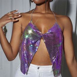 Women's Tanks Backless Solid Slip Tank Top Female Shiny Metal Sequins Chains Halter V Neck Split Hollow Out Luxury Crop Tops Nightclub Party