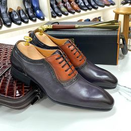 Handmade Oxford Dress Shoes Men Genuine Cow Leather Pointed Toe Brown and Gray Mixed Colors Wedding Formal Lace Up Shoes for Men