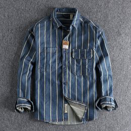 Men s Casual Shirts Autumn custom woven striped washed used denim shirt men s work style American retro trend youth 230313