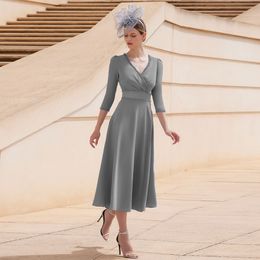 Party Dresses Gray Mother of the Bride Dresses for Weddings A Line Wedding Guest Gowns Women V Neck 3/4 Sleeves Tea Length Evening Dress 230314