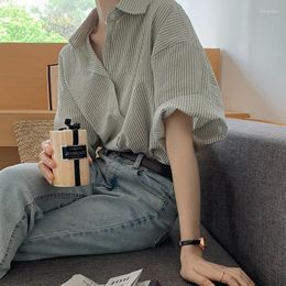 Women's Blouses XEJ Elegant And Youth Woman Women's Clothing Spring 2023 Green Vertical Stripe Shirt Short Sleeve Chiffon Blouse