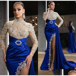 Evening Dresses Vintage High Neck Luxury Beaded Crystals Illusion Bodice Long Sleeves Split Formal Party Ocn Prom Gowns Arbaic Dubai Dhsdp