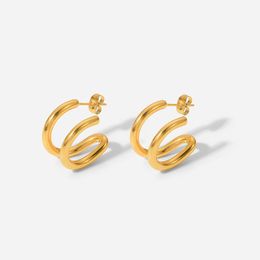 Hoop Earrings & Huggie Charm 18k Gold Plated Stainless Steel Non Tarnished Jewellery Gift Double Layer Line C Shaped Geometric For Women