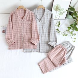 Women's Sleepwear spring and autumn couple pajamas long-sleeved trousers 100% cotton brushed plaid two-piece home service for men and women 230314