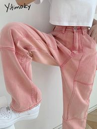 Women's Jeans Yitimoky Woman Jeans Streetwear Vintage Quality Harajuku Straight Pants High Waist Wide Leg Clothing Pink Women's Denim Trousers 230314