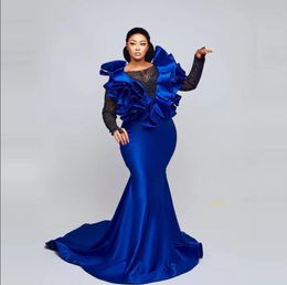 Royal Blue mermaid Evening Dresses gillter Long Sleeves Beaded Lace Ruffles Puffy Plus Size Aso Ebi arabic Women Prom Gowns