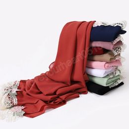High Quality Lace Flowers Embroidered Chiffon Long Scarf Turban Elegant Muslim Women Wedding Hijabs Shawls Headwear