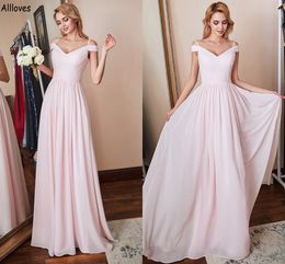 Blush Pink A Line Chiffon Bridesmaid Dresses For Summer Beach Wedding Party Long Pleated Young Girls Formal Gowns Sexy Off The Shoulder Maid Of Honour Dress CL2003